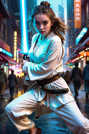 (1 jedi Girl)、In pajamas , ((Have a lightsaber))、large glowing eyes, serious expression ,medium breasts, floating hair, jumping with knees bend, Super detailed illustration、extra detailed face、wide open mouth,Raw photography、film grains、detailed skin textures、Detailed fabric texture、dynamic pose, Character Focus, city street, crowd ,battle scene, dynamic pose,side view, look at me, detailmaster2,neon photography style,detailmaster2,science fiction