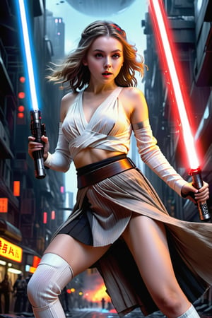 (1 jedi Girl)、In jedioutfit, long skirt with deep slit, ((Shake a lightsaber))、pale skin, large glowing eyes, serious expression ,medium breasts, long wavy hair,  jumping with knees bend, Super detailed illustration、extra detailed face、wide open mouth, breathing heavily , Raw photography、film grains、detailed skin textures、Detailed fabric texture、dynamic pose, Character Focus, city street, Empire troopers ,((huge death-star in the sky:1.3)), battle scene, dynamic pose,from below , ground view, look at me, detailmaster2,neon photography style,science fiction
