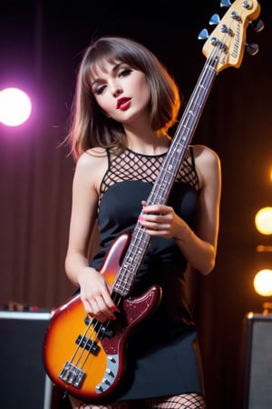((((Seductive woman plays electric bass:1.5, 4 strings)))), (​masterpiece、Best Quality:1.4),  (Beautiful, Aesthetic, Perfect, Delicate, Convoluted:1.2), (Cute, Adorable), (depth of fields:1.2), cinema shot, Bokeh, Perfect female shape, (Perfect face, Detailed face, full pouty lips, Glossy lips, makeup, eye line, Expressive eyes), (medium breasts, thin waist), ((tunic dress and fishnet stockings and electric bass):1.3), ((long bob, bangs):1.2), On stage,Good hands, Better hands,2hand, 5FINGERS,neon photography style,kristinapimenova