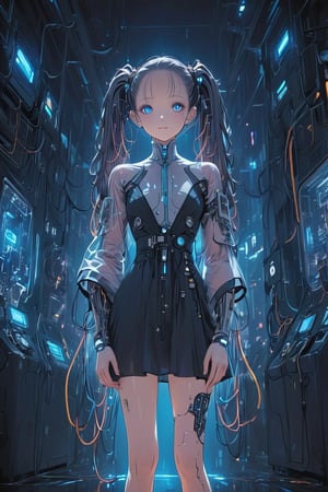 Create a detailed illustration of a young girl in a futuristic, cyberpunk environment. The young woman must have a unique and striking style, with the following characteristics:

Hair:

Bright blue color.
twin long ponytails that fall in front of her shoulders.
Face:
Delicate and youthful, with large and expressive eyes.
Outfit:
A loose see-through patient gown with front open.
The clothes should appear functional and designed for technological or exploratory activities.
internal robotic parts exposure.
Equipment:

her head connected with cables and an antenna.
One of the young woman's arms must be a robotic prosthesis, with cables, connectors and visible mechanical parts. The robotic hand should have a cracked, luminous sphere.
Background and Environment:

A busy place, such as a convention or technology fair, with people out of focus in the background.
Bright lighting, with neon lights and reflections to add to the futuristic atmosphere.
The image should capture the essence of the cyberpunk style, with a mix of technological and human elements, and an artistic touch reminiscent of comic or manga art.