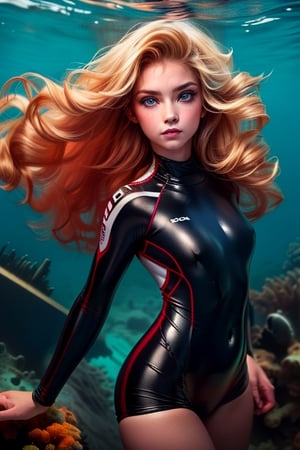 A real photo of a young female explorer, wearing white-based wetsuits and Investigating underwater of the ocean, a strong and athletic build, Her wavy hair floats around her like a halo, ((deep,  glowing ocean-blue eyes)), (a sank ancient shipwreck under the sea In the background), covered nipples:1.3,