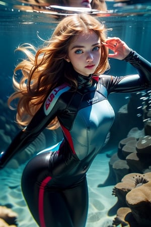 A real photo of a young female explorer, wearing wetsuits and Investigating underwater of the ocean, a strong and athletic build, Her wavy hair floats around her like a halo, ((deep,  glowing ocean-blue eyes)), covered nipples:1.3,