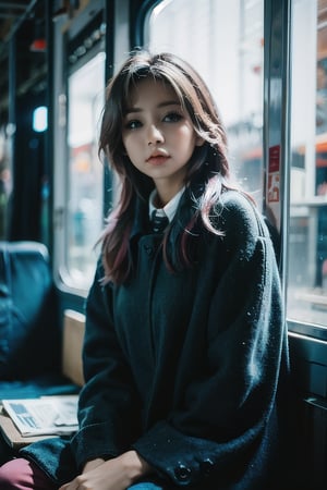 cute girl sitting on a bus, natural lighting from window, 35mm lens, soft and subtle lighting, girl centered in frame, shoot from eye level, incorporate cool and calming colors