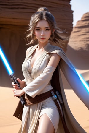 (1 Jedi Girl)、In Jedioutfit 、((Have a lightsaber))、medium breasts, Super detailed illustration、extra detailed face、large glowing eyes, Raw photography、film grains、detailed skin textures、Detailed fabric texture、dynamic pose, Character Focus, Desert ruins,action scene, windy hair,