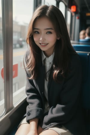 cute girl sitting on a bus, ashamed smile , natural lighting from window, 35mm lens, soft and subtle lighting, girl centered in frame, shoot from eye level, incorporate cool and calming colors,beautiful nod_woman