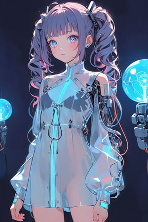 Create a detailed illustration of a young girl in a futuristic, cyberpunk environment. The young woman must have a unique and striking style, with the following characteristics:

Hair:

Bright blue color.
twin long ponytails that fall in front of her shoulders.
Face:
Delicate and youthful, with large and expressive eyes.
Outfit:
A loose see-through patient gown with front open.
The clothes should appear functional and designed for technological or exploratory activities.
internal robotic parts exposure.
Equipment:

her head connected with cables and an antenna.
One of the young woman's arms must be a robotic prosthesis, with cables, connectors and visible mechanical parts. The robotic hand should have a cracked, luminous sphere.
Background and Environment:

A busy place, such as a convention or technology fair, with people out of focus in the background.
Bright lighting, with neon lights and reflections to add to the futuristic atmosphere.
The image should capture the essence of the cyberpunk style, with a mix of technological and human elements, and an artistic touch reminiscent of comic or manga art.