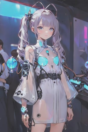 Create a detailed illustration of a young girl in a futuristic, cyberpunk environment. The young woman must have a unique and striking style, with the following characteristics:

Hair:

Bright blue color.
twin long ponytails that fall in front of her shoulders.
Face:
Delicate and youthful, with large and expressive eyes.
Outfit:
A loose white or light gray patient gown with front open.
The clothes should appear functional and designed for technological or exploratory activities.
internal robotic parts exposure.
Equipment:

her head connected with cables and an antenna.
One of the young woman's arms must be a robotic prosthesis, with cables, connectors and visible mechanical parts. The robotic hand should have a cracked, luminous sphere.
Background and Environment:

A busy place, such as a convention or technology fair, with people out of focus in the background.
Bright lighting, with neon lights and reflections to add to the futuristic atmosphere.
The image should capture the essence of the cyberpunk style, with a mix of technological and human elements, and an artistic touch reminiscent of comic or manga art.