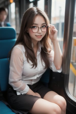 cute girl sitting on a bus, ashamed smile, wire-frame glasses, natural lighting from window, 35mm lens, soft and subtle lighting, girl centered in frame, shoot from eye level, incorporate cool and calming colors,Russian skin