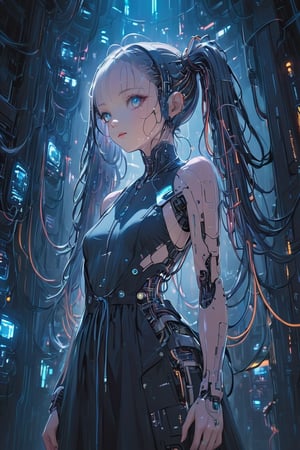 Create a detailed illustration of a young girl in a futuristic, cyberpunk environment. The young woman must have a unique and striking style, with the following characteristics:

Hair:

Bright blue color.
twin long ponytails that fall in front of her shoulders.
Face:
Delicate and youthful, with large and expressive eyes.
Outfit:
A loose see-through patient gown with front open.
The clothes should appear functional and designed for technological or exploratory activities.
internal robotic parts exposure.
Equipment:

her head connected with cables and an antenna.
One of the young woman's arms must be a robotic prosthesis, with cables, connectors and visible mechanical parts. The robotic hand should have a cracked, luminous sphere.
Background and Environment:

A busy place, such as a convention or technology fair, with people out of focus in the background.
Bright lighting, with neon lights and reflections to add to the futuristic atmosphere.
The image should capture the essence of the cyberpunk style, with a mix of technological and human elements, and an artistic touch reminiscent of comic or manga art.