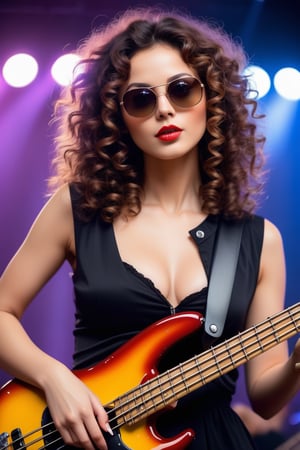 ((((Seductive woman plays electric bass:1.5, 4 strings)))), (​masterpiece、Best Quality:1.4),  (Beautiful, Aesthetic, Perfect, Delicate, Convoluted:1.2), (Cute, Adorable), (depth of fields:1.2), cinema shot, Bokeh, Perfect female shape, (Perfect face, Detailed face, full pouty lips, Glossy lips, makeup, eye line, Expressive eyes), (medium breasts, thin waist), (70s fashion:1.3), sunglasses on the head, ((big curly hair:1.4)), On stage,Good hands, Better hands,2hand, 5FINGERS,