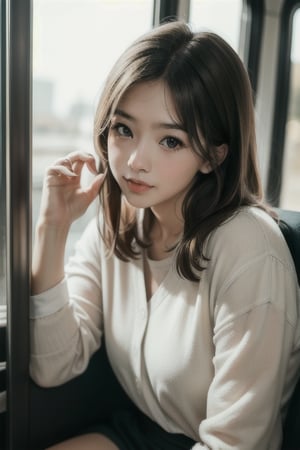 cute girl sitting on a bus, smirk, natural lighting from window, 35mm lens, soft and subtle lighting, girl centered in frame, shoot from eye level, incorporate cool and calming colors