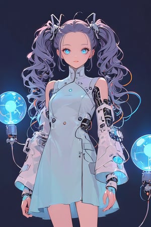 Create a detailed illustration of a young girl in a futuristic, cyberpunk environment. The young woman must have a unique and striking style, with the following characteristics:

Hair:

Bright blue color.
twin long ponytails that fall in front of her shoulders.
Face:
Delicate and youthful, with large and expressive eyes.
Outfit:
A loose white or light gray patient gown with front open.
The clothes should appear functional and designed for technological or exploratory activities.
internal robotic parts exposure.
Equipment:

her head connected with cables and an antenna.
One of the young woman's arms must be a robotic prosthesis, with cables, connectors and visible mechanical parts. The robotic hand should have a cracked, luminous sphere.
Background and Environment:

A busy place, such as a convention or technology fair, with people out of focus in the background.
Bright lighting, with neon lights and reflections to add to the futuristic atmosphere.
The image should capture the essence of the cyberpunk style, with a mix of technological and human elements, and an artistic touch reminiscent of comic or manga art.