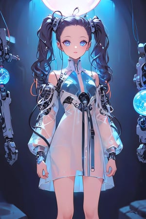 Create a detailed illustration of a young girl in a futuristic, cyberpunk environment. The young woman must have a unique and striking style, with the following characteristics:

Hair:

Bright blue color.
twin long ponytails that fall in front of her shoulders.
Face:
Delicate and youthful, with large and expressive eyes.
Outfit:
A loose see-through patient gown with front open.
The clothes should appear functional and designed for technological or exploratory activities.
internal robotic parts exposure.
Equipment:

her head connected with cables and an antenna.
One of the young woman's arms must be a robotic prosthesis, with cables, connectors and visible mechanical parts. The robotic hand should have a cracked, luminous sphere.
Background and Environment:

A busy place, such as a convention or technology fair, with people out of focus in the background.
Bright lighting, with neon lights and reflections to add to the futuristic atmosphere.
The image should capture the essence of the cyberpunk style, with a mix of technological and human elements, and an artistic touch reminiscent of comic or manga art.