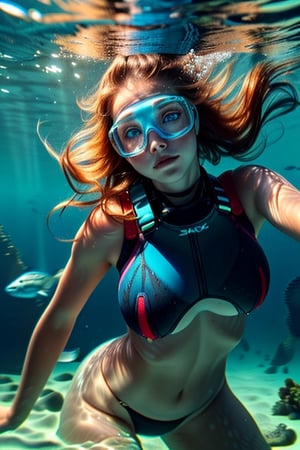 A real photo of a young female explorer, put on scuba diving gear and Investigating underwater of the ocean, a strong and athletic build, Her wavy hair floats around her like a halo, ((deep,  glowing ocean-blue eyes)), (a sank ancient shipwreck under the sea In the background), covered nipples,