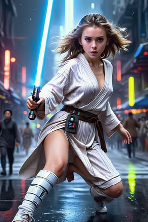 (1 jedi Girl)、In pajamas , ((Have a lightsaber))、large glowing eyes, serious expression ,medium breasts, floating hair, jumping with knees bend, Super detailed illustration、extra detailed face、wide open mouth,Raw photography、film grains、detailed skin textures、Detailed fabric texture、dynamic pose, Character Focus, city street, crowd ,battle scene, dynamic pose,side view, look at me, detailmaster2,neon photography style,detailmaster2,science fiction