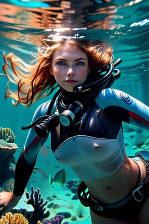 A real photo of a young female explorer, put on scuba diving gear and Investigating underwater of the ocean, a strong and athletic build, Her wavy hair floats around her like a halo, ((deep,  glowing ocean-blue eyes)), (a sank ancient shipwreck under the sea In the background), covered nipples:1.3,