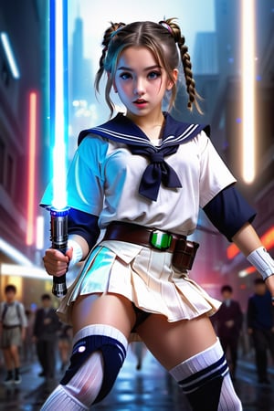 (1 jedi school Girl)、In school uniform, sailor style blouse, bare-legs,high socks ,((Have a lightsaber))、large glowing eyes, serious expression ,hardly breathing, large hip, long braids , jumping with knees bend, Super detailed illustration、extra detailed face、wide open mouth,Raw photography、film grains、detailed skin textures、Detailed fabric texture、dynamic pose, Character Focus, city street, crowd ,battle scene, dynamic pose,side view, look at me,neon photography style,detailmaster2,science fiction