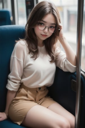 cute girl sitting on a bus, smirk, wire-frame glasses, natural lighting from window, 35mm lens, soft and subtle lighting, girl centered in frame, shoot from eye level, incorporate cool and calming colors