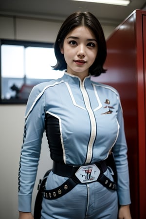 masterpiece, best quality, (cowboy shot), a real photo, 1girl portlait, Hishimi_Yuriko as Anne from Ultraseven, thin waist , centered frame, character focus, dynamic lighting, lips apart, (little smile), posing, detailed face, detailed fabric texture,