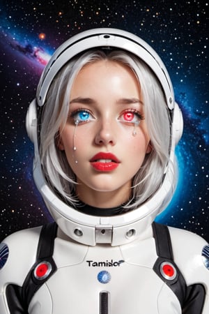 An astronote woman and space, (astronote suit), (astronote helmet), beautiful and detailed woman, beautiful and detailed eyes, tears in her eyes, glowing eyes, heterochromia eyes, great detail in the tears, rimel of the eyes desalineated by crying, silver hair, freckles in the pins, red lips, decayed lips, tears for the pins and mouth, semi -open lips,Heterochromia, planets background, 