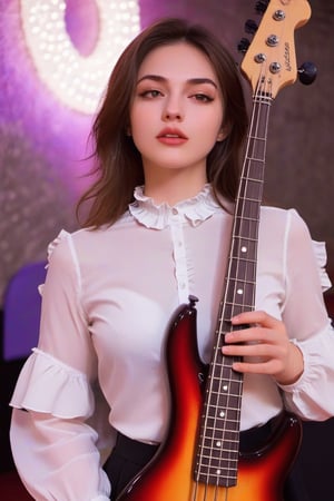 ((((Seductive woman plays electric bass:1.5, 4 strings)))), (​masterpiece、Best Quality:1.4),  (Beautiful, Aesthetic, Perfect, Delicate, Convoluted:1.2), (Cute, Adorable), (depth of fields:1.2), cinema shot, Bokeh, Perfect female shape, (Perfect face, Detailed face, full pouty lips, Glossy lips, makeup, eye line, Expressive eyes), (medium breasts, thin waist), ((white blouse with ruffles and puffy skirt ):1.3), On stage,Good hands, Better hands,2hand, 5FINGERS,neon photography style,kristinapimenova