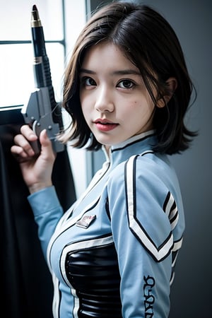 masterpiece, best quality, (cowboy shot), a real portlait, Hishimi_Yuriko as Anne from Ultraseven, centered frame, character focus, dynamic lighting, lips apart, aiming a gun, detailed face, detailed fabric texture,