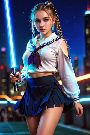 (1 jedi school Girl)、In school uniform, sailor style blouse, bare-legs, ((Have a lightsaber))、large glowing blue eyes, medium breasts, long braids , Super detailed illustration、extra detailed face、lips apart,Raw photography、film grains、detailed skin textures、Detailed fabric texture、dynamic pose, Character Focus, night city, huge planet in background ,action scene, dynamic pose,detailmaster2,neon photography style