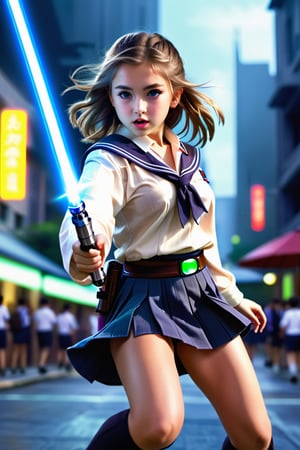 (1 jedi school Girl)、In school uniform, sailor style blouse, bare-legs, ((Have a lightsaber))、large glowing eyes, serious expression ,medium breasts, floating hair, jumping with knees bend, Super detailed illustration、extra detailed face、wide open mouth,Raw photography、film grains、detailed skin textures、Detailed fabric texture、dynamic pose, Character Focus, city street, crowd ,battle scene, dynamic pose,side view, look at me, detailmaster2,neon photography style,detailmaster2,science fiction
