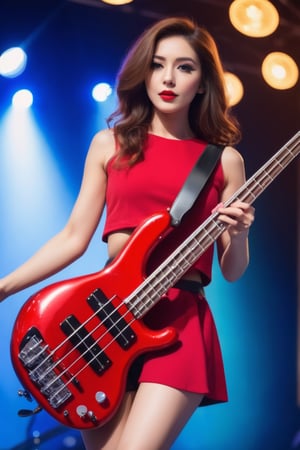 ((((Seductive woman plays electric bass:1.5, 4 strings)))), (​masterpiece、Best Quality:1.4),  (Beautiful, Aesthetic, Perfect, Delicate, Convoluted:1.2), (Cute, Adorable), (depth of fields:1.2), cinema shot, Bokeh, Perfect female shape, (Perfect face, Detailed face, full pouty lips, Glossy lips, makeup, eye line, Expressive eyes), (medium breasts, thin waist), (Kinky Hair 1.3), (Long coat and crop top and shorts:1.2), On stage,Good hands, Better hands,2hand, 5FINGERS,