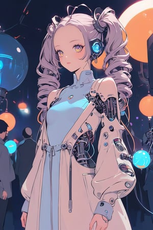 Create a detailed illustration of a young girl in a futuristic, cyberpunk environment. The young woman must have a unique and striking style, with the following characteristics:

Hair:

Bright blue color.
twin long ponytails that fall in front of her shoulders.
Face:
Delicate and youthful, with large and expressive eyes.
Outfit:
A loose white or light gray patient gown with front open.
The clothes should appear functional and designed for technological or exploratory activities.
internal robotic parts exposure.
Equipment:

her head connected with cables and an antenna.
One of the young woman's arms must be a robotic prosthesis, with cables, connectors and visible mechanical parts. The robotic hand should have a cracked, luminous sphere.
Background and Environment:

A busy place, such as a convention or technology fair, with people out of focus in the background.
Bright lighting, with neon lights and reflections to add to the futuristic atmosphere.
The image should capture the essence of the cyberpunk style, with a mix of technological and human elements, and an artistic touch reminiscent of comic or manga art.