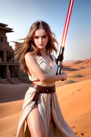 (1 Jedi Girl)、In Jedioutfit 、((Have a lightsaber))、medium breasts, Super detailed illustration、extra detailed face、large glowing eyes, Raw photography、film grains、detailed skin textures、Detailed fabric texture、dynamic pose, Character Focus, Desert ruins,action scene, windy hair,kristinapimenova