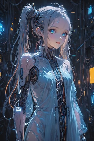 Create a detailed illustration of a young girl in a futuristic, cyberpunk environment. The young woman must have a unique and striking style, with the following characteristics:

Hair:

Bright blue color.
twin long ponytails that fall in front of her shoulders.
Face:
Delicate and youthful, with large and expressive eyes.
Outfit:
A loose see-through patient gown with front open.
The clothes should appear functional and designed for technological or exploratory activities.
internal robotic parts exposure.
Equipment:

her head connected with cables and an antenna.
One of the young woman's arms must be a robotic prosthesis, with cables, connectors and visible mechanical parts. The robotic hand should have a cracked, luminous sphere.
Background and Environment:

A busy place, such as a convention or technology fair, with people out of focus in the background.
Bright lighting, with neon lights and reflections to add to the futuristic atmosphere.
The image should capture the essence of the cyberpunk style, with a mix of technological and human elements, and an artistic touch reminiscent of comic or manga art.