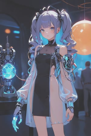 Create a detailed illustration of a young girl in a futuristic, cyberpunk environment. The young woman must have a unique and striking style, with the following characteristics:

Hair:

Bright blue color.
twin long ponytails that fall in front of her shoulders.
Face:
Delicate and youthful, with large and expressive eyes.
Outfit:
A loose see-through patient gown with front open.
The clothes should appear functional and designed for technological or exploratory activities.
internal robotic parts exposure.
Equipment:

her head connected with cables and an antenna.
One of the young woman's arms must be a robotic prosthesis, with cables, connectors and visible mechanical parts. The robotic hand should have a cracked, luminous sphere.
Background and Environment:

A busy place, such as a convention or technology fair, with people out of focus in the background.
Bright lighting, with neon lights and reflections to add to the futuristic atmosphere.
The image should capture the essence of the cyberpunk style, with a mix of technological and human elements, and an artistic touch reminiscent of comic or manga art.