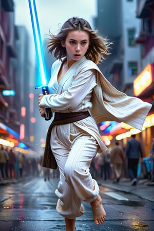 (1 jedi Girl)、In pajamas , ((Have a lightsaber and pillow ))、large glowing eyes, serious expression ,medium breasts, floating hair, jumping with knees bend, Super detailed illustration、extra detailed face、wide open mouth,Raw photography、film grains、detailed skin textures、Detailed fabric texture、dynamic pose, Character Focus, city street, crowd ,battle scene, dynamic pose,side view, look at me, detailmaster2,neon photography style,detailmaster2,science fiction