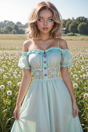 a beautiful young lady, standing in cotton field, cotton one-piece dress, tanned skin, windy hair, off shoulder, detailed skin texture,  beautiful and detailed eyes, glowing eyes, heterochromia eyes, thin waist, (thick lips:0.8), decayed lips, semi -open lips,Heterochromia,  