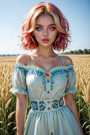 a beautiful young lady, standing in wheat field, cotton one-piece dress, tanned skin, windy hair, off shoulder, detailed skin texture,  beautiful and detailed eyes, glowing eyes, heterochromia eyes, thin waist, (thick lips:0.8), decayed lips, semi -open lips,Heterochromia,  