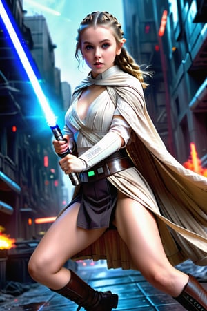 (1 jedi Girl)、In jedioutfit, jedi cape, bare-legs, ((shake a lightsaber))、pale skin, large glowing eyes, serious expression ,medium breasts, long braid,  jumping with knees bend, Super detailed illustration、extra detailed face、wide open mouth, breathing heavily , Raw photography、film grains、detailed skin textures、Detailed fabric texture、dynamic pose, Character Focus, city street, Empire troopers ,((huge death-star in the sky:1.3)), battle scene,from below , ground view, look at me, detailmaster2,neon photography style,science fiction