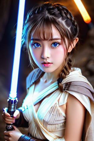 (1 Jedi Girl)、In Jedioutfit 、((Have a lightsaber))、28yo, large glowing blue eyes, medium breasts, Super detailed illustration、extra detailed face、large glowing eyes, Raw photography、film grains、detailed skin textures、Detailed fabric texture、dynamic pose, Character Focus, ruins of an another planet ,action scene, dynamic pose, OHWX WOMAN,beautymix