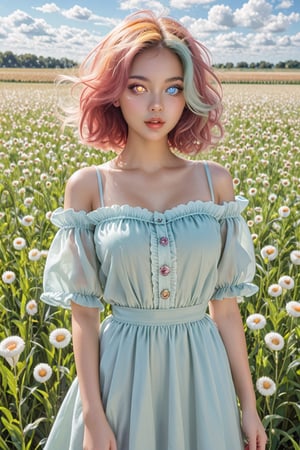 a beautiful young lady, standing in cotton field, cotton one-piece dress, tanned skin, windy hair, off shoulder, detailed skin texture,  beautiful and detailed eyes, glowing eyes, heterochromia eyes, thin waist, (thick lips:0.8), decayed lips, semi -open lips,Heterochromia,  