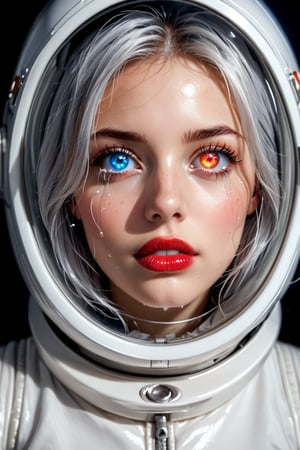 An astronaut woman and space, (astronaut suit),space helmet,  beautiful and detailed woman, beautiful and detailed eyes, tears in her eyes, glowing eyes, heterochromia eyes, great detail in the tears, rimel of the eyes desalineated by crying, silver hair, freckles in the pins, red lips, decayed lips, tears for the pins and mouth, semi -open lips,Heterochromia, huge planets background, 