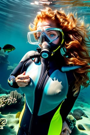 A real photo of a young female explorer, put on scuba diving gear and Investigating underwater of the ocean, a strong and athletic build, Her wavy hair floats around her like a halo, ((deep,  glowing ocean-blue eyes)), (a sank ancient shipwreck under the sea In the background), covered nipples:1.3,