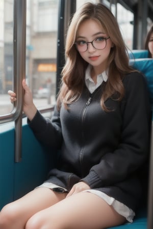cute girl sitting on a bus, ashamed smile, Duck mouth, wire-frame glasses, natural lighting from window, 35mm lens, soft and subtle lighting, girl centered in frame, shoot from eye level, incorporate cool and calming colors,Russian skin