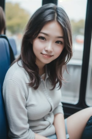 cute girl sitting on a bus, ashamed smile , natural lighting from window, 35mm lens, soft and subtle lighting, girl centered in frame, shoot from eye level, incorporate cool and calming colors