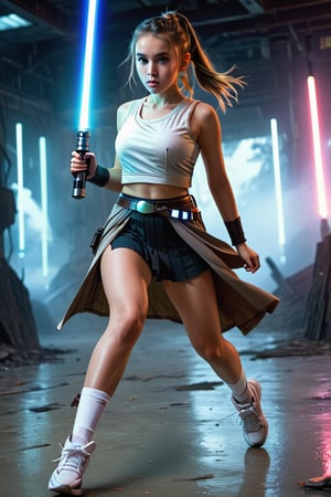 (1 jedi school Girl)、In gym outfit, ((shake a lightsaber))、large glowing eyes, serious expression ,hardly breathing, large hip, long ponytail , jumping with knees bend, Super detailed illustration、extra detailed face、wide open mouth,Raw photography、film grains、detailed skin textures、Detailed fabric texture、dynamic pose, Character Focus, ruins of an another planet,battle scene, dynamic pose,from below view, look at me,neon photography style,detailmaster2,