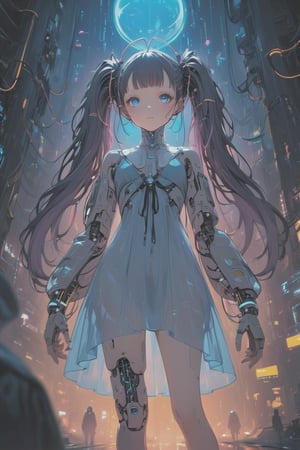 Create a detailed illustration of a young girl in a futuristic, cyberpunk environment. The young woman must have a unique and striking style, with the following characteristics:

Hair:

Bright blue color.
twin long ponytails that fall in front of her shoulders.
Face:
Delicate and youthful, with large and expressive eyes.
Outfit:
A loose see-through patient gown with front open.
The clothes should appear functional and designed for technological or exploratory activities.
internal robotic parts exposure.
Equipment:

her head connected with cables and an antenna.
One of the young woman's arms must be a robotic prosthesis, with cables, connectors and visible mechanical parts. The robotic hand should have a cracked, luminous sphere.
Background and Environment:

A busy place, such as a convention or technology fair, with people out of focus in the background.
Bright lighting, with neon lights and reflections to add to the futuristic atmosphere.
The image should capture the essence of the cyberpunk style, with a mix of technological and human elements, and an artistic touch reminiscent of comic or manga art.