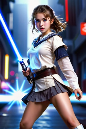 (1 jedi school Girl)、In school uniform, sailor style blouse, bare-legs, ((Have a lightsaber))、large glowing eyes, serious expression ,medium breasts, floating hair, Super detailed illustration、extra detailed face、wide open mouth,Raw photography、film grains、detailed skin textures、Detailed fabric texture、dynamic pose, Character Focus, city street, crowd ,battle scene, dynamic pose,side view, look at me, detailmaster2,neon photography style,detailmaster2,science fiction