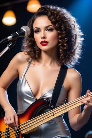 ((((Seductive woman plays electric bass:1.5, 4 strings)))), (​masterpiece、Best Quality:1.4),  (Beautiful, Aesthetic, Perfect, Delicate, Convoluted:1.2), (Cute, Adorable), (depth of fields:1.2), cinema shot, Bokeh, Perfect female shape, (Perfect face, Detailed face, full pouty lips, Glossy lips, makeup, eye line, Expressive eyes), (medium breasts, thin waist), ((silver jump suits with zip off):1.3), ((curly hair:1.4)), On stage,Good hands, Better hands,2hand, 5FINGERS,