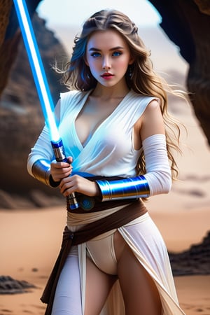 (1 Jedi Girl)、In Jedioutfit 、((Have a lightsaber))、28yo, large glowing blue eyes, medium breasts, long wavy hair, Super detailed illustration、extra detailed face、lips apart,Raw photography、film grains、detailed skin textures、Detailed fabric texture、dynamic pose, Character Focus, ruins of an another planet ,action scene, dynamic pose, OHWX WOMAN,beautymix,detailmaster2