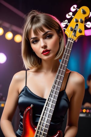 ((((Seductive woman plays electric bass:1.5, 4 strings)))), (​masterpiece、Best Quality:1.4),  (Beautiful, Aesthetic, Perfect, Delicate, Convoluted:1.2), (Cute, Adorable), (depth of fields:1.2), cinema shot, Bokeh, Perfect female shape, (Perfect face, Detailed face, full pouty lips, Glossy lips, makeup, eye line, Expressive eyes), (medium breasts, thin waist), ((satin camisole and bare-legs):1.3), ((platinum bowl cut, hair band):1.2), On stage,Good hands, Better hands,((2hand, 5FINGERS)),neon photography style