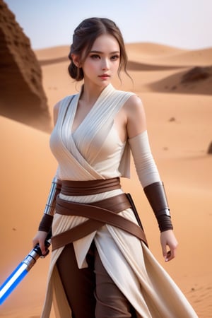 (1 Jedi Girl)、In Jedioutfit 、((Have a lightsaber))、medium breasts, Super detailed illustration、extra detailed face、large glowing eyes, Raw photography、film grains、detailed skin textures、Detailed fabric texture、dynamic pose, Character Focus, Desert ruins,action scene, 
